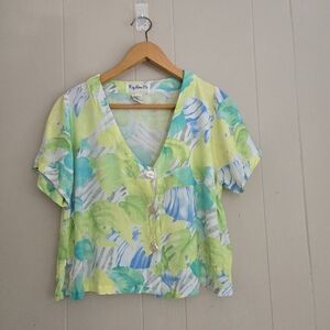 Key Lime Pie Vintage Vtg Fish Print Blouse Top Crop Yellow Green 90s Whimsical L
